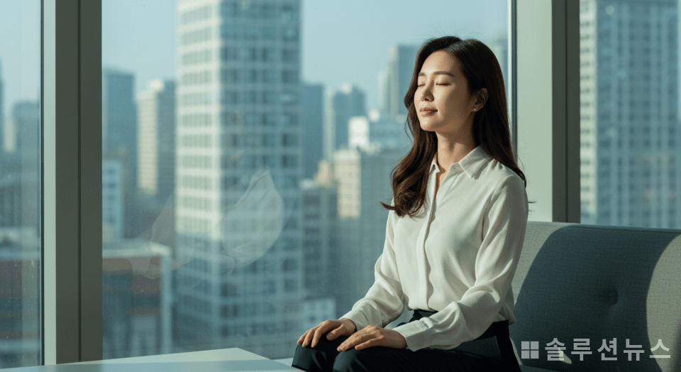 Office worker meditating during break time (Photo = Solution News)