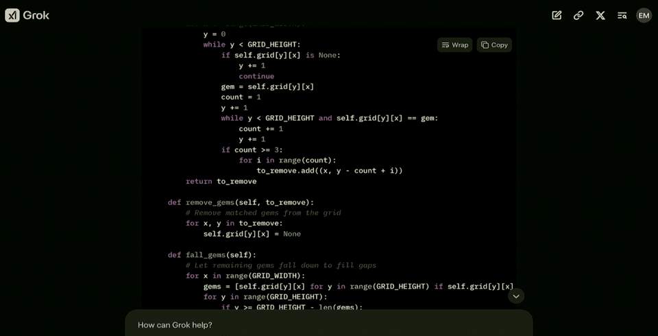 Code writing and debugging using Grok (provided by x Twitter)