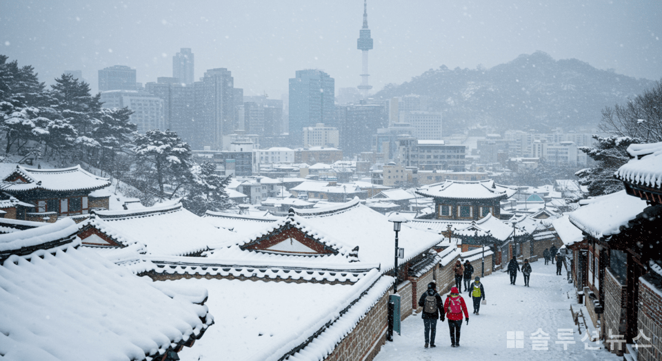 Snow falling in Seoul