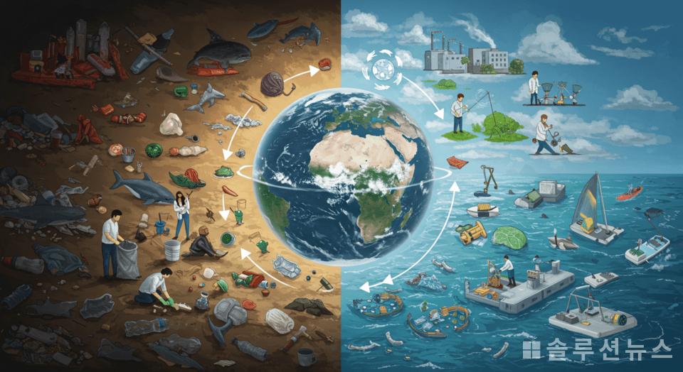 An image contrasting the problem of ocean pollution with cleanup efforts (Photo = Solution News)