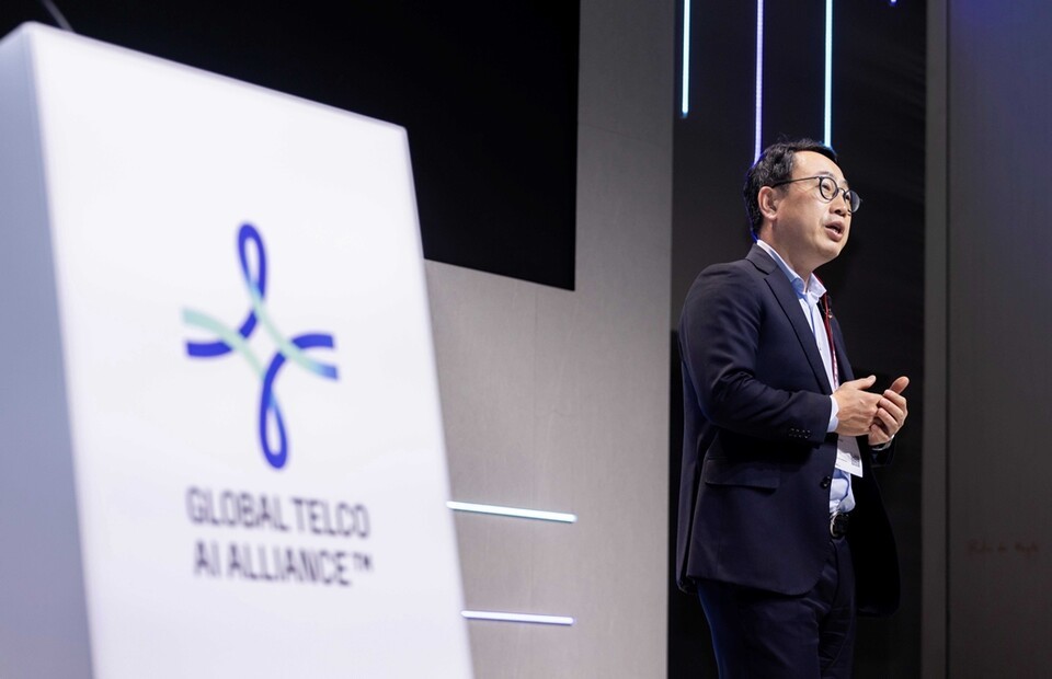 Yoo Young-sang, CEO of SK Telecom, giving a keynote speech at the 'Global Telco AI Roundtable' held at MWC25 in Barcelona, Spain