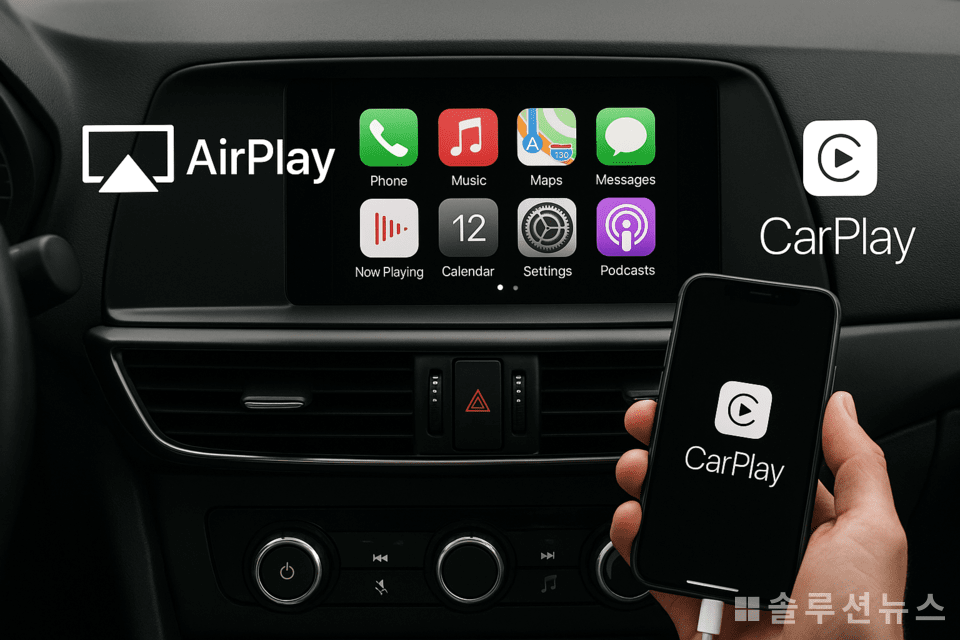애플의 무선 연결 기능인 에어플레이(AirPlay)와 카플레이(CarPlay) ⓒ 솔루션뉴스 그래픽 이승훈 기자 25.04.30.