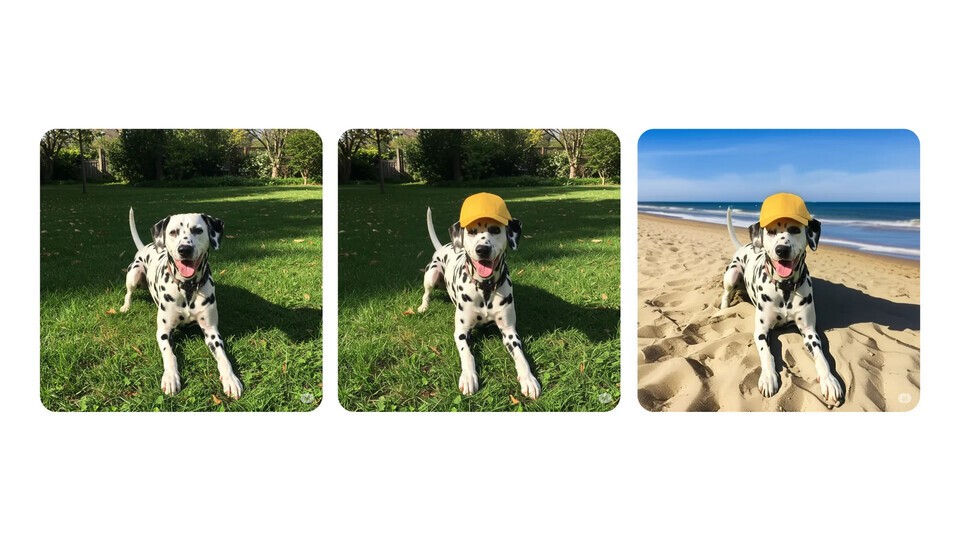 Google Gemini's image editing function demonstration example. Original photo (left) with a yellow hat added (middle) and the final result changing the background to a beach (right). / Provided by Google