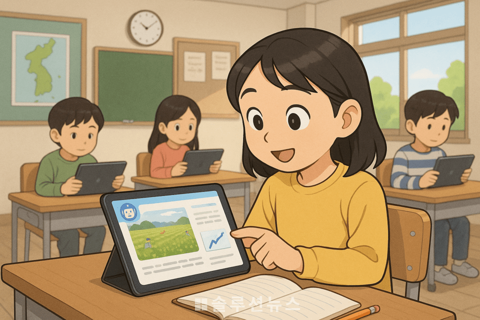 デジタル教科書授業をテーマにしたイラスト。人工知能基盤の学習が教室に適用される様子を描写しています。