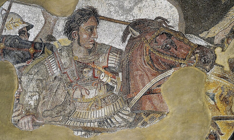 Alexander the Great charging the Persian army in the 'Battle of Issus' mosaic, housed in the National Archaeological Museum of Naples, Italy