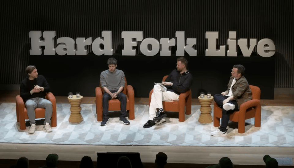 Sam Altman, OpenAI CEO, participates in a live interview on the tech podcast 'Hard Fork'.