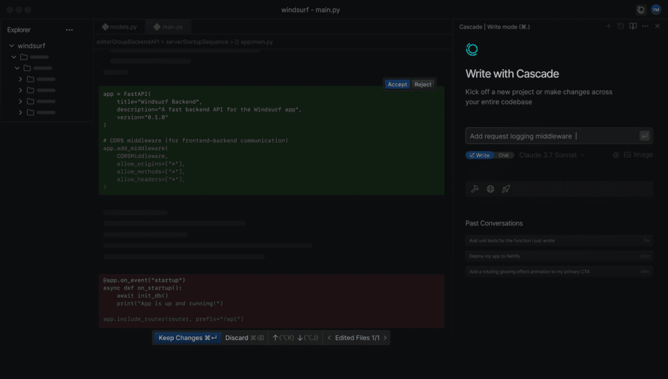 コードエディタでCascadeで'クロードコード'を適用した様子 (出典=Apidog アシュリー イノセント)
