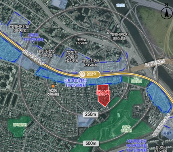 Location map of the station area revitalization project around Mok-dong 523-45, Yangcheon-gu / Seoul City