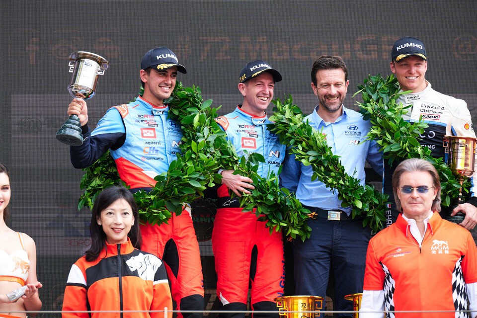 Néstor Girolami and Mikel Azcona celebrating on the podium