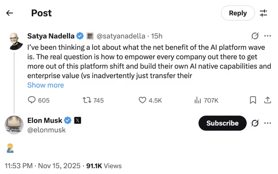 来源=微软首席执行官萨提亚·纳德拉X账户