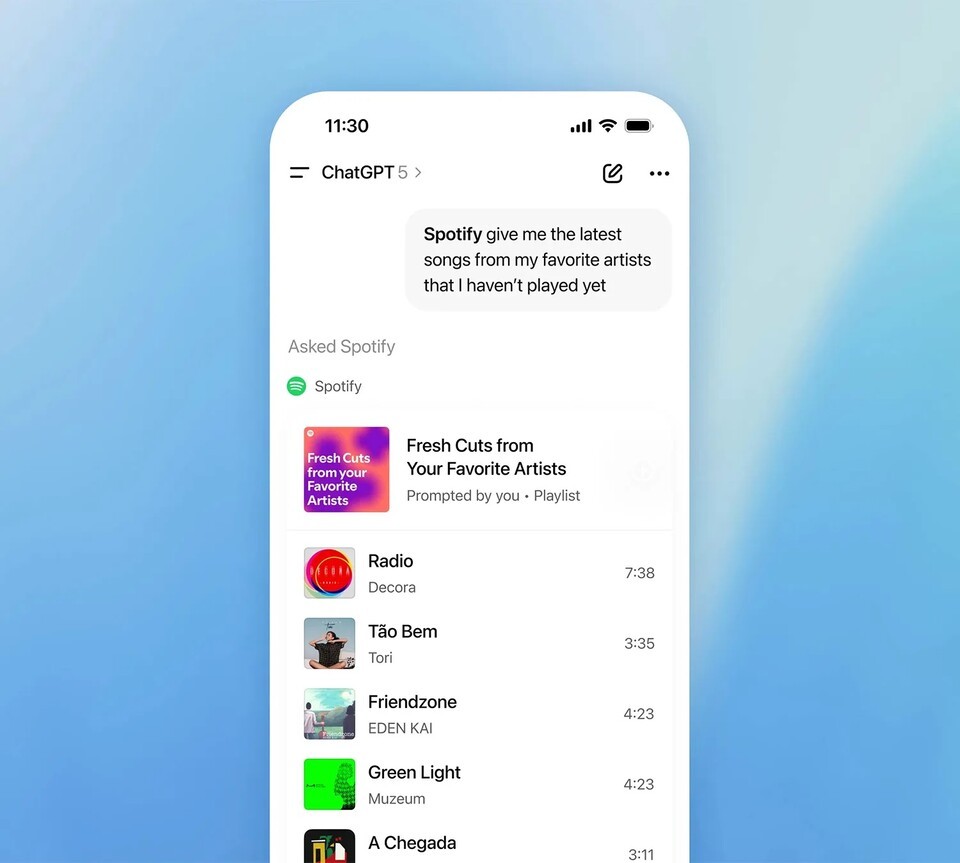 在ChatGPT应用中，与音乐服务Spotify连接的样子，(Apple Music连接参考图像) (照片=OpenAI)