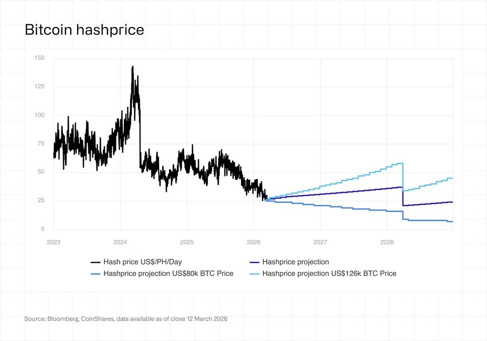 The profitability of Bitcoin mining, represented by hash price, has rapidly deteriorated industry-wide. After the halving, mining rewards halved and power costs rose, significantly reducing potential earnings from the same resources, with some old equipment below break-even. Source=CoinShares