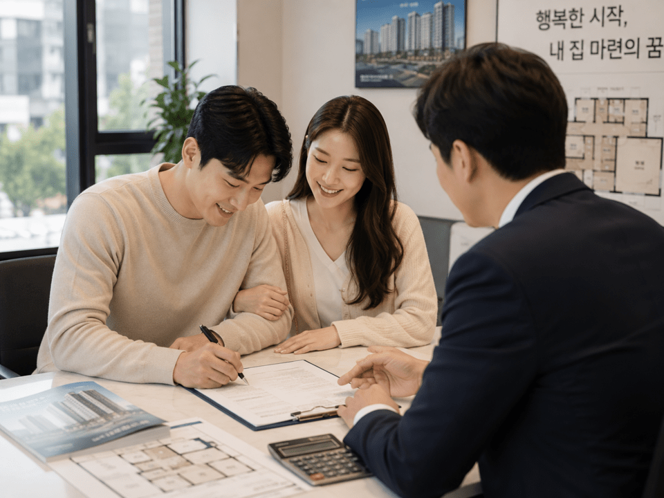 首尔市内一家房地产中介所里，一对年轻新婚夫妇正在进行住房合同咨询。近期，面向大企业员工的低利率公司贷款扩大预期正在成为房地产市场变量。（照片=Solution News AI图像生成）