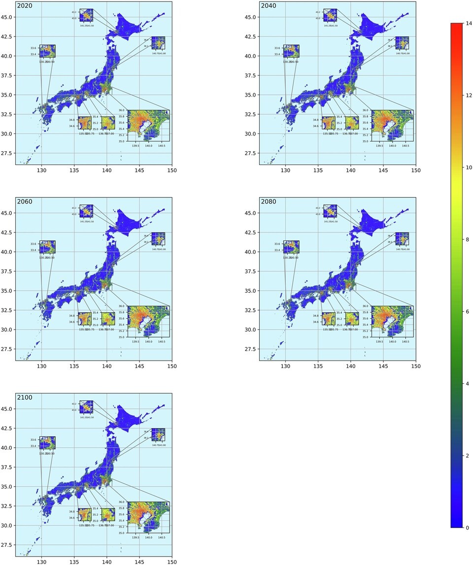日本全土の人口分布地図（出典=Spatial distribution of TOTAL (Logarithm to base 2)）