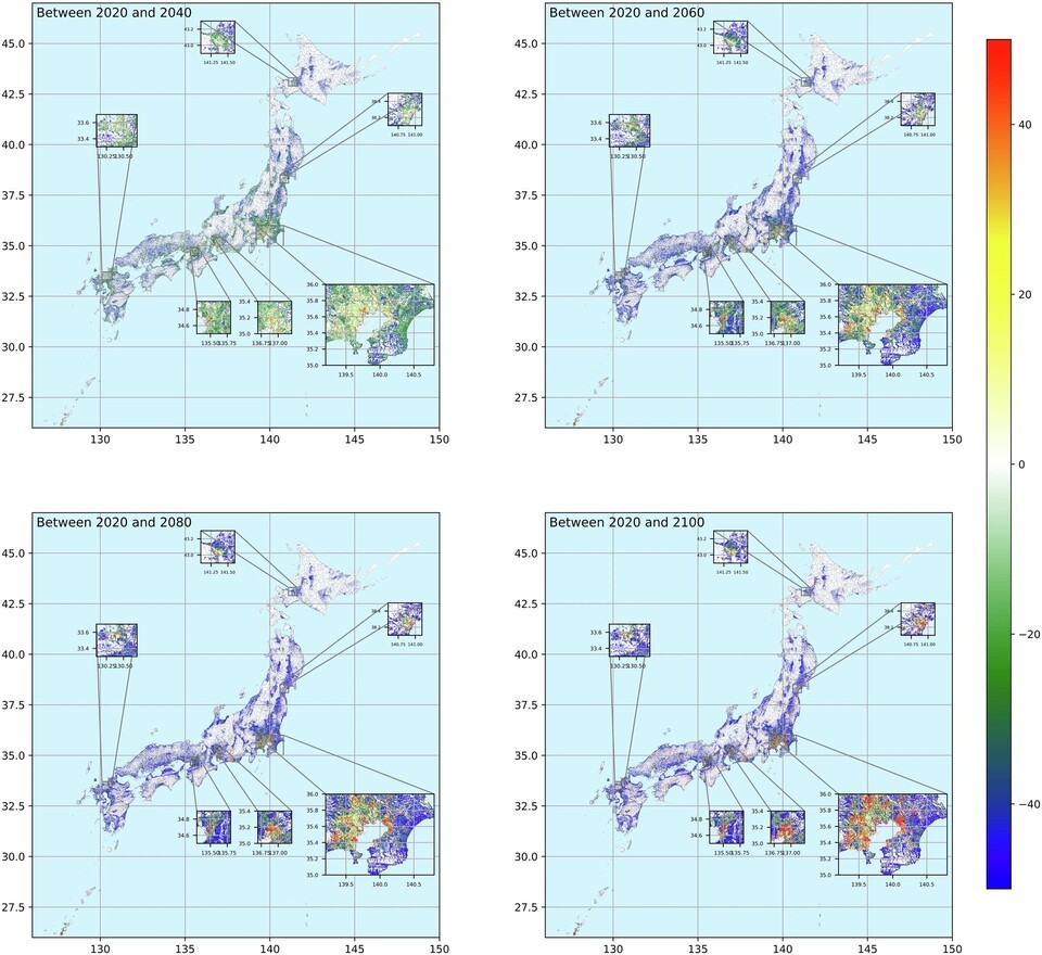 2020年比人口増減率地図（出典=Change rate in TOTAL between 2020 and a certain year (%))
