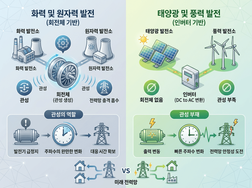 太陽光パネルと風力タービンが設置された再生エネルギー発電団地のイメージ。再生エネルギー比率が高まるほど、電力網の安定性を支える新技術の重要性も増している。