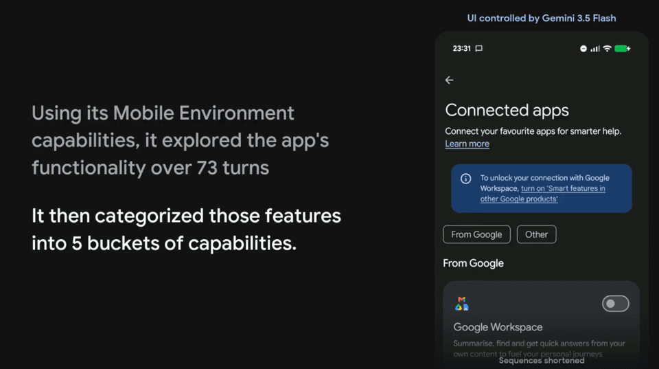 Gemini 3.5 Flashがスマートフォン画面を直接探索し、アプリ機能を分類する様子。グーグルはこれを反復業務を処理するAIエージェントの活用事例として示した。