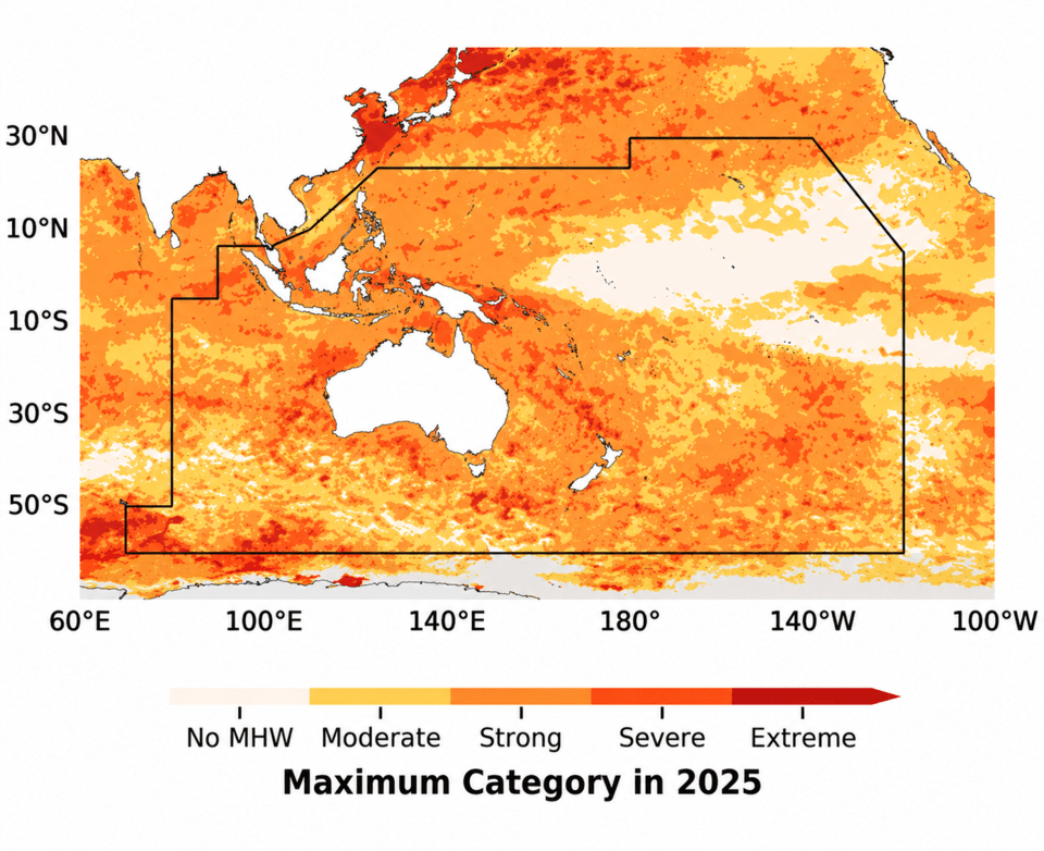 2025年の南西太平洋海域の海洋熱波の最大強度を示す地図。オーストラリアと南西太平洋一帯で強い海洋熱波が広く現れた。