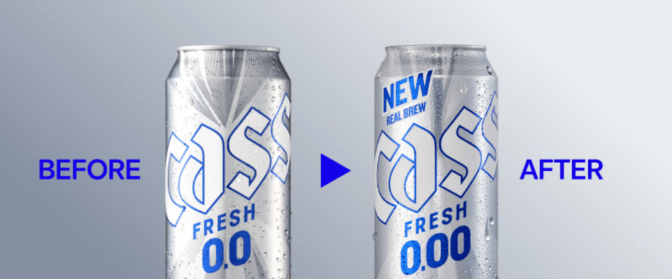 The original Cass 0.0 contained less than 0.05% alcohol, while this year’s redesigned Cass Zero claims 0.00%. (Photo = OB Beer)