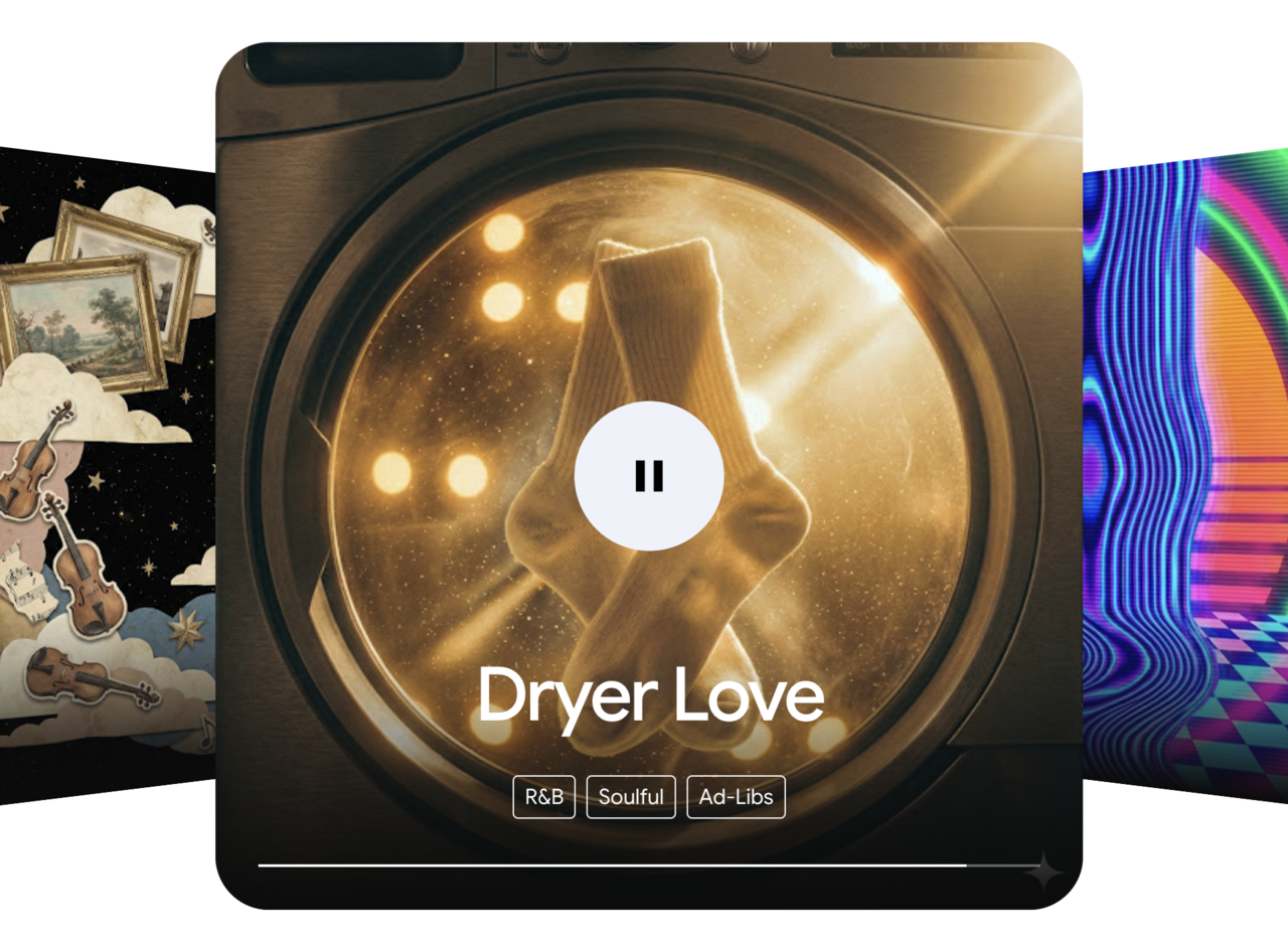 グーグルの音楽生成モデル「Lyria 3.5」で作成した音楽の例『Dryer Love』が再生されている様子。Lyria 3.5はジャンルや雰囲気、ボーカルスタイルなどを指定して音楽を生成できる。