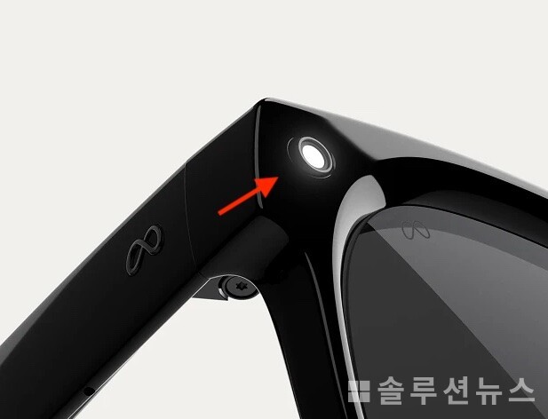 A white LED indicator light next to the camera on Meta smart glasses, showing that recording is in progress