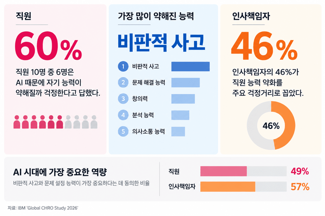 社員と人事責任者はいずれもAIの使用による能力低下を懸念し、批判的思考をAI時代の重要なスキルとして挙げた（資料：IBM／グラフィック：ソリューションニュース生成AI画像）
