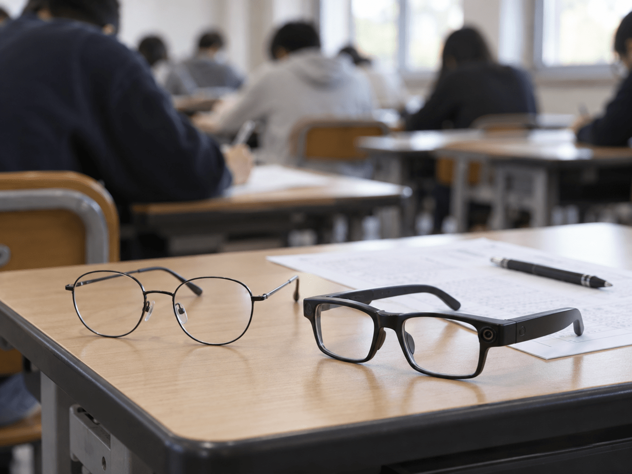 考场桌上放着普通眼镜和配有摄像头的智能眼镜。延世大学和首尔市立大学的论文考试中,考生被查出在考试开始后更换了眼镜。(图片:解决方案新闻AI制图)