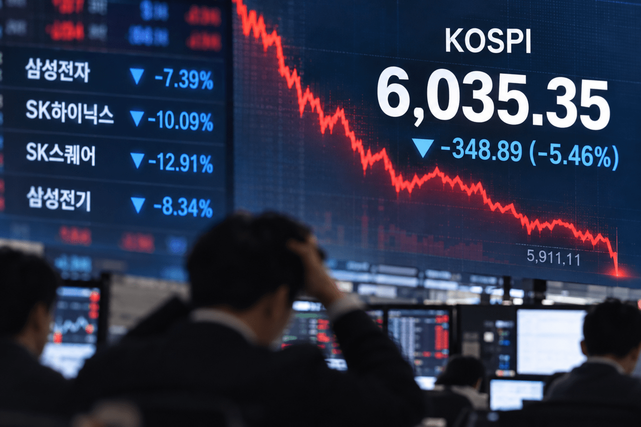 13日、KOSPIは前営業日比5.46％安の6,035.35ポイントで取引を終えた。株価急落を受け、反対売買の規模は593億ウォンを超えた。（画像＝ソリューションニュースAI生成）