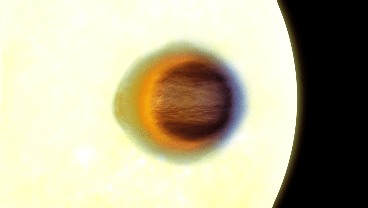 WASP-17b passing in front of its star. Observations from the James Webb Space Telescope revealed the shape of the atmosphere absorbing the starlight. (Image: Engine House and Hannah Wakeford, provided by Cornell University)
