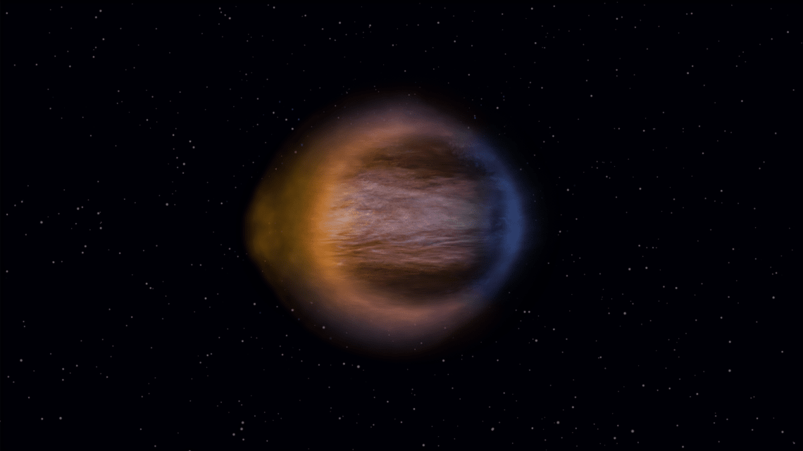 The shape of WASP-17b’s atmosphere mapped using the “transmission strings” technique. A broad, band-shaped jet along the equator carries matter and heat from the planet’s permanently sunlit side to its permanently dark side. (Image: Engine House and Hannah Wakeford, provided by Cornell University)