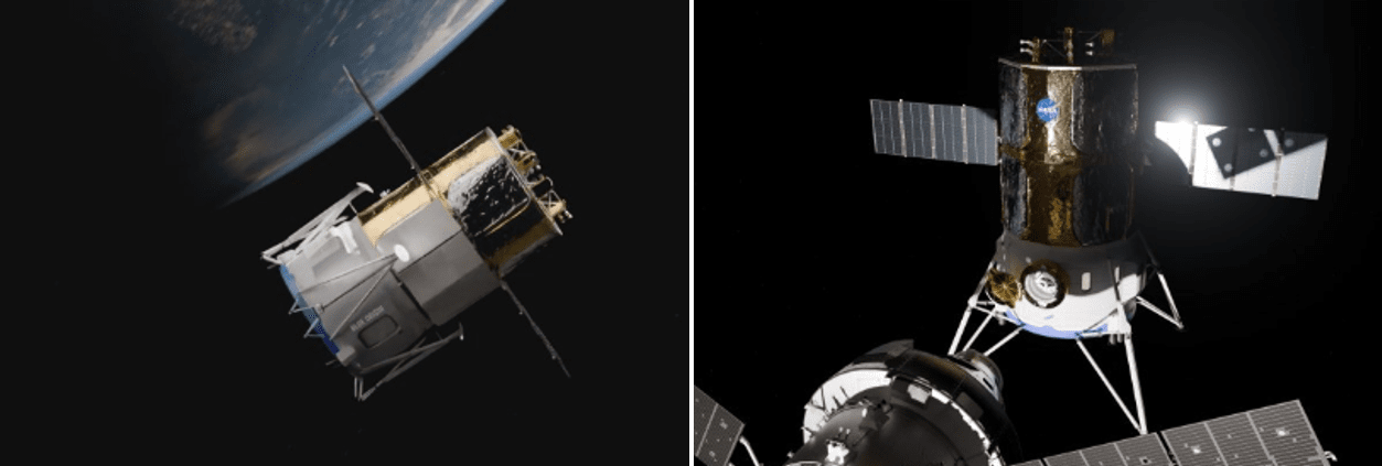 ブルーオリジンの有人月着陸船「ブルームーン・マーク2（Blue Moon Mark 2）」の試験機が地球軌道を飛行し、NASAのオリオン宇宙船とドッキングする想像図。（写真：NASA）