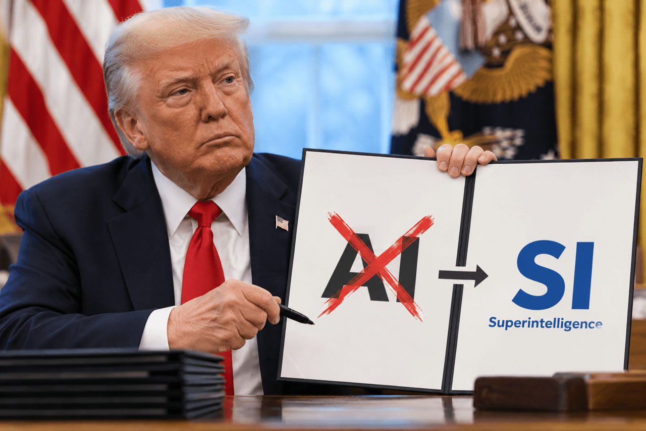 ドナルド・トランプ米大統領が人工知能(AI)に代わり「超知能(SI・Superintelligence)」という用語を使うよう推進する政策を表現した画像。(写真:ソリューションニュースAI生成画像)